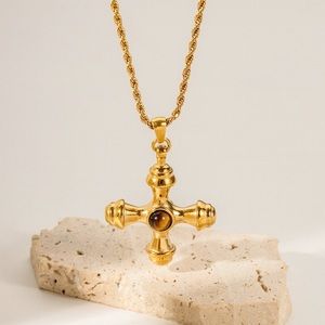 Gold Tiger Eye Pendant Necklace*Gemstone Necklace*Vintage Inspired*Cross
